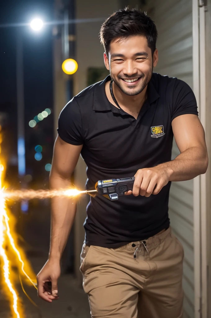Smiling man applying a stun gun to a human