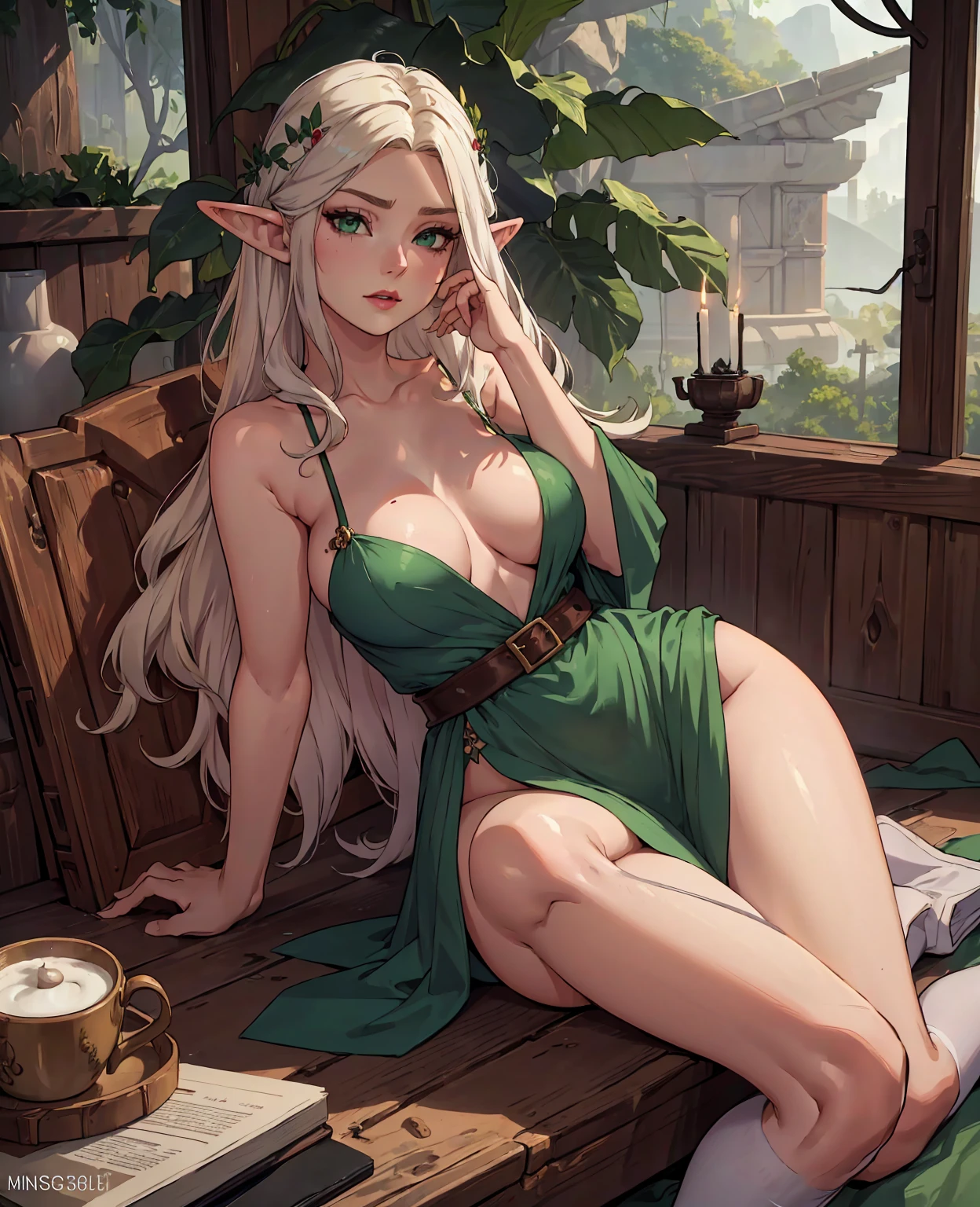 a beautiful elf girl with long pointy ears, perfect facial features, green eyes, lush red lips, pale skin, long flowing hair, sitting in a lush forest, wearing a tight revealing green elven dress, with nature elements like flowers and butterflies around her, (best quality,4k,8k,highres,masterpiece:1.2),ultra-detailed,(realistic,photorealistic,photo-realistic:1.37),highly detailed face and body, fantasy art, intricate details, cinematic lighting, warm color tones