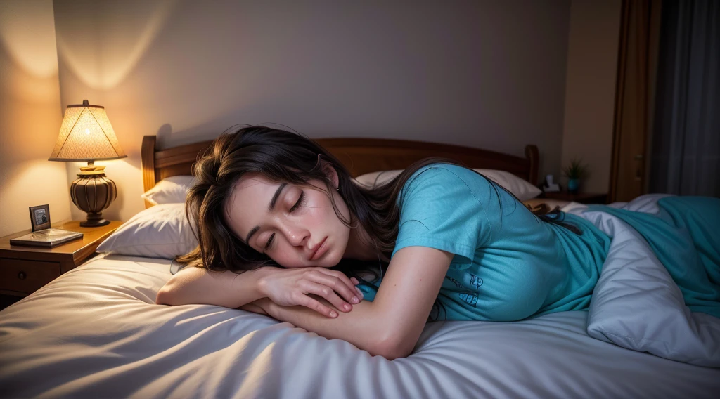 Imagine um suave, comforting illustration of a cute girl was sleeping in a comfortable bed, Olhos fechados, camiseta azul. long flowing hair. Quarto escuro, except for the soft light emanating from a bedside lamp near the bed, That casts a warm glow on your peaceful face. Pela janela entreaberta, A noite estrelada se estende, lua cheia, creating a magical contrast between the peaceful interior and the mysterious outside world. As cortinas de luz movem-se ligeiramente com a brisa noturna, adicionando um toque de movimento a esta cena tranquila.
