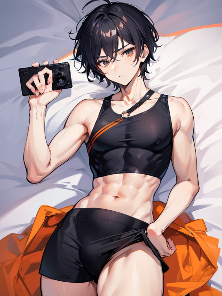 College boy. Boy. Male. Short hair. He is a handsome man, very disciplined and studious. He has a slim toned body and a thick rear, wears a black short short, making his voluminous large ass stand out. Male character. Orange crop top. Short Black messy boy hair. High quality. rear pointed at camera. bedroom. Ass view