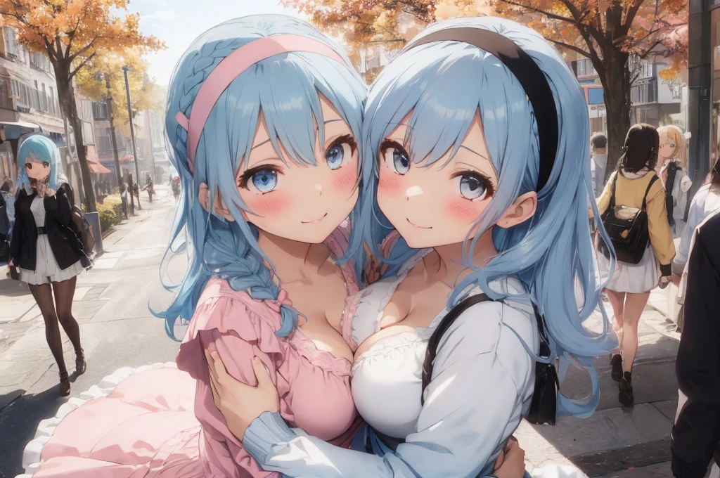 Modern city,Fluffy hair,Light blue hair,Blonde,Light pink hair,Headband,Braid,Autumn outfit,Short clothing that shows the buttocks,The sleeves of the dress are a little long,I can see a little cleavage,Moe sleeves,Date,Several people hugging each other,Embrace,watching each others eyes,Facing each other,blush with embarrassment,Happy expression,Hand in hand,Arms crossed,Flirting with a close-knit body