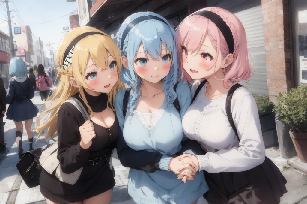 Modern city,Fluffy hair,Light blue hair,Blonde,Light pink hair,Headband,Braid,Autumn outfit,Short clothing that shows the ,The sleeves of the dress are a little long,I can see a little cleavageeves,Date,Several people hugging each other,Embrace,watching each others eyes,Facing each other,blush with embarrassment,Happy expression,Hand in hand,Arms crossed,Flirting with a close-knit body