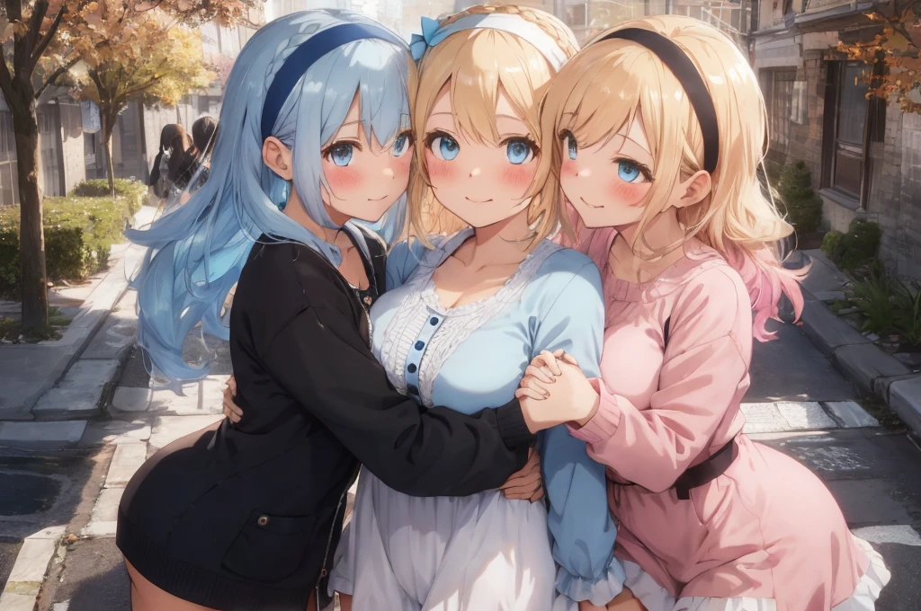 Modern city,Fluffy hair,Light blue hair,Blonde,Light pink hair,Headband,Braid,Autumn outfit,Short clothing that shows the buttocks,The sleeves of the dress are a little long,I can see a little cleavage,Moe sleeves,Date,Several people hugging each other,Embrace,watching each others eyes,Facing each other,blush with embarrassment,Happy expression,Hand in hand,Arms crossed,Flirting with a close-knit body