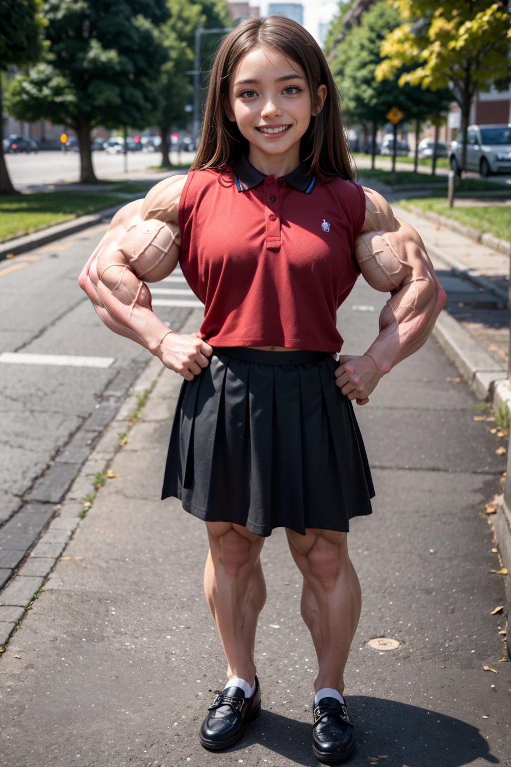 (Muscular:1.7), (large round breasts:1.4), (large muscular chest and shoulders:1.1), (tween girl:2.1), FEMALE, brown hair, long brown hair, (big smile:1.6), (wearing a polo shirt and formal skirt and flats shoes:1.5), looking at viewer, (facing camera view:1.2), upper body view, (sidewalk:1.6), dark lighting, detailed skin, detailed eyes, (clean skin:1.5), (tiny waist:1.5), exaggerated hourglass physique, (huge body muscles:1.7), (one protagonist:1.5),