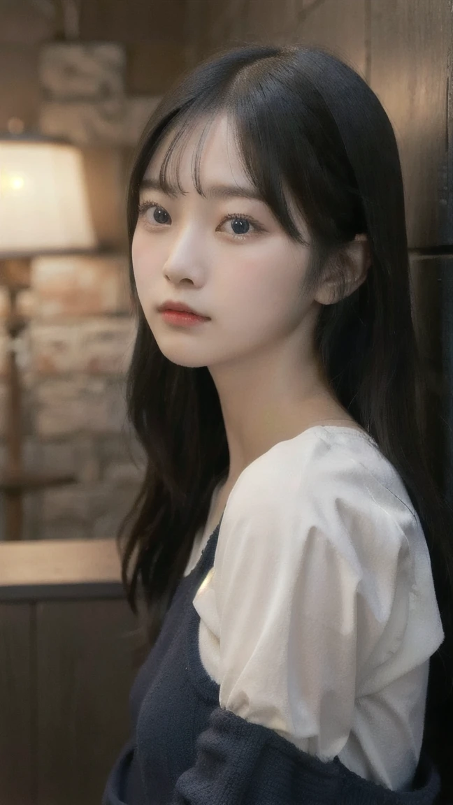 Portrait of a young East Asian girl in a navy blue and white sailor-style . She has long black hair styled in two braids, with straight bangs across her forehead. The girl has large, dark eyes and a small, delicate nose. Her expression is neutral, looking directly at the camera. The background shows a dark blue wooden wall with some green ivy or vine leaves visible to the side. The lighting is soft and natural, creating a slightly moody atmosphere. High-resolution image with sharp focus on the face