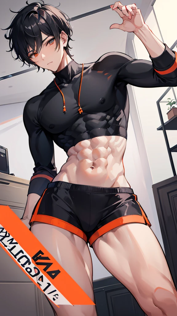College boy. Boy. Male. Short hair. He is a handsome man, very disciplined and studious. He has a slim toned body and a thick rear, wears a black short short, making his voluminous large ass stand out. Male character. Orange crop top. Short Black messy boy hair. High quality. rear pointed at camera. bedroom.