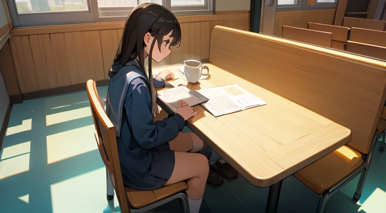 Self-study female junior high school student,Spread out your textbooks and notes,Cafe-style free space,Table seating