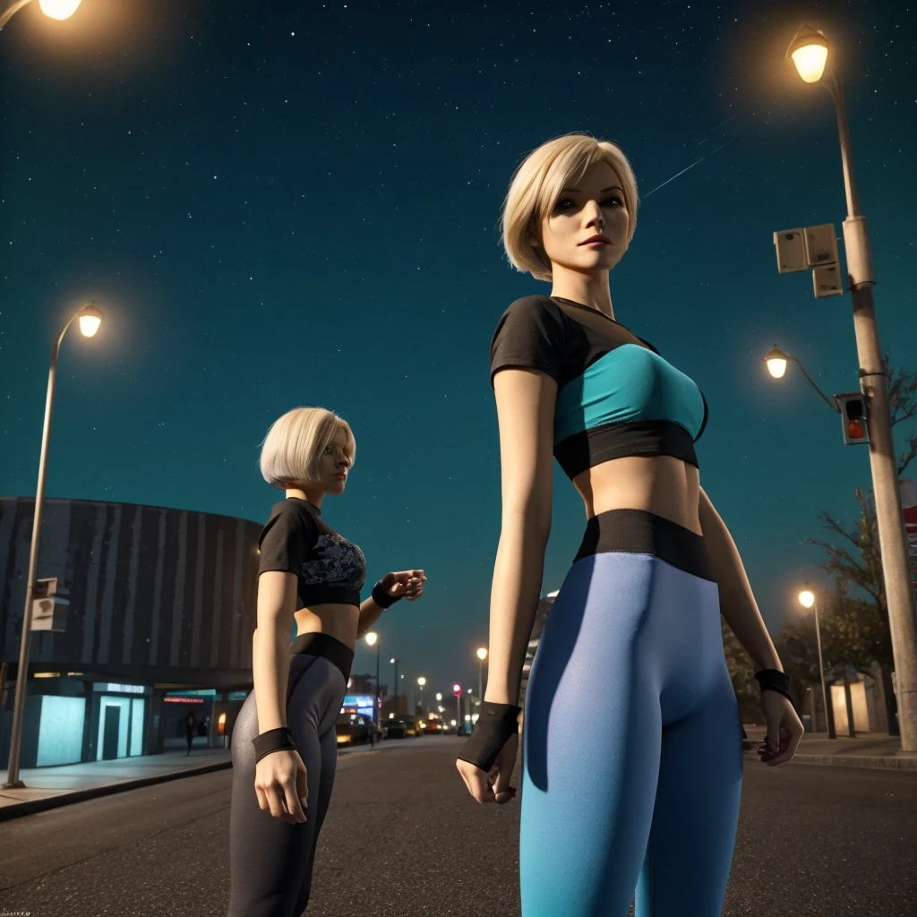 masterpiece, best quality, high quality, extremely detailed 32k unit an enchanting front view, A pretty 40 year old Blonde haired woman, she is standing out side Futuristic Building at night, she is wearing  teal leggings and a crop top, her hair is Choppy Bob hair style, she looks beautiful in the glow of the street lights,(best quality ,photorealistic)
