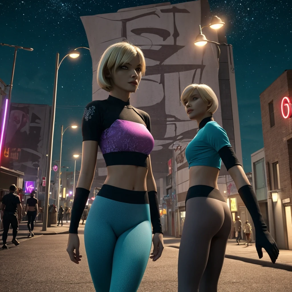 masterpiece, best quality, high quality, extremely detailed 32k unit an enchanting front view, A pretty 40 year old Blonde haired woman, she is standing out side Futuristic Building at night, she is wearing  teal leggings and a crop top, her hair is Choppy Bob hair style, she looks beautiful in the glow of the street lights,(best quality ,photorealistic)
