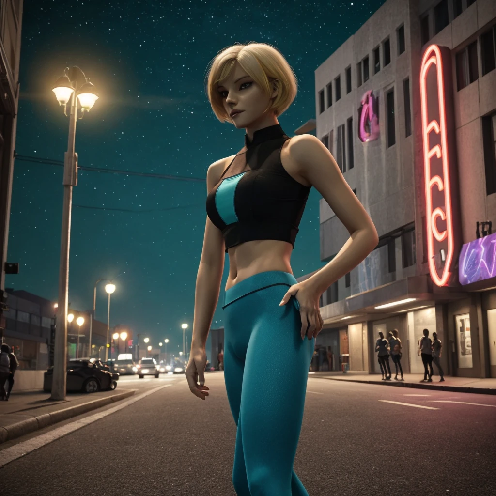 masterpiece, best quality, high quality, extremely detailed 32k unit an enchanting front view, A pretty 40 year old Blonde haired woman, she is standing out side Futuristic Building at night, she is wearing  teal leggings and a crop top, her hair is Choppy Bob hair style, she looks beautiful in the glow of the street lights,(best quality ,photorealistic)
