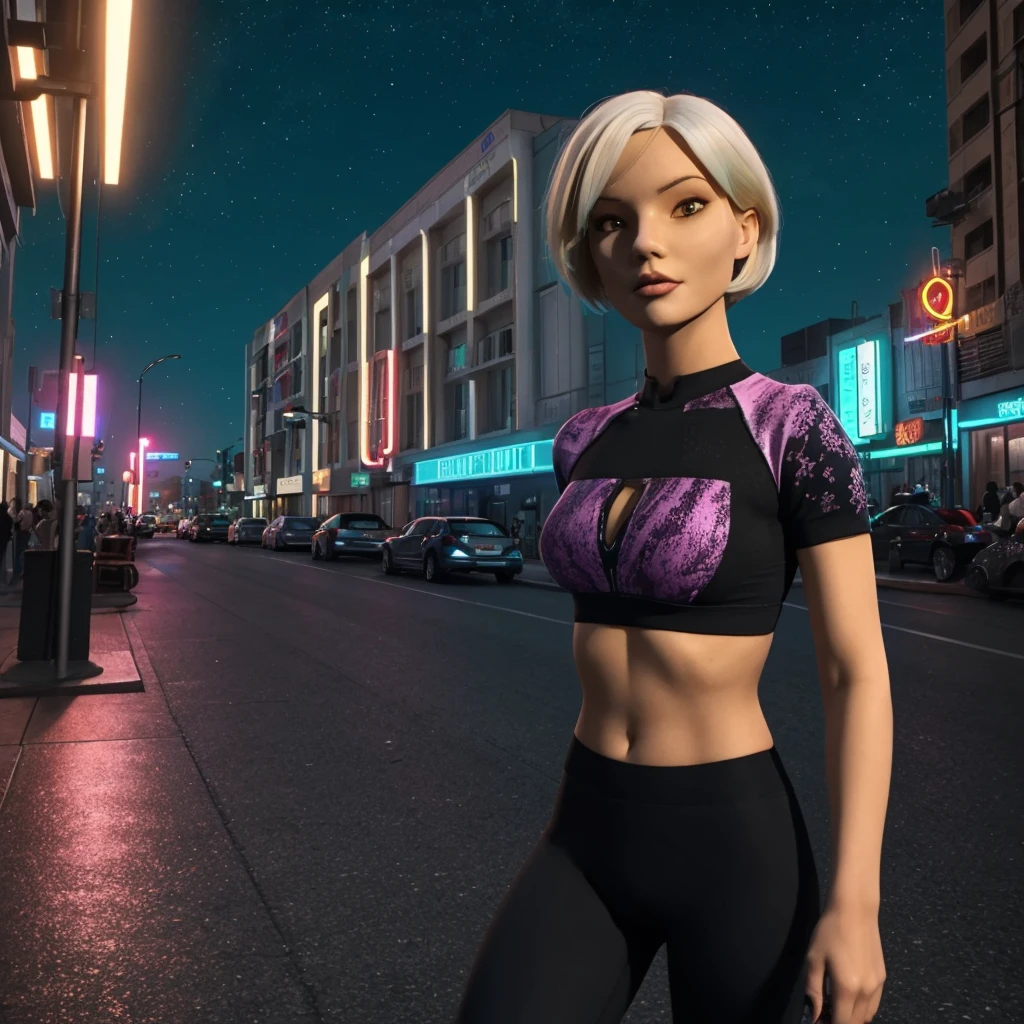 masterpiece, best quality, high quality, extremely detailed 32k unit an enchanting front view, A pretty 40 year old Blonde haired woman, she is standing out side Futuristic Building at night, she is wearing  teal leggings and a crop top, her hair is Choppy Bob hair style, she looks beautiful in the glow of the street lights,(best quality ,photorealistic)
