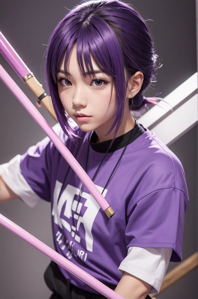 make an anime character, wearing purple clothes and with a giant paintbrush in his hand
