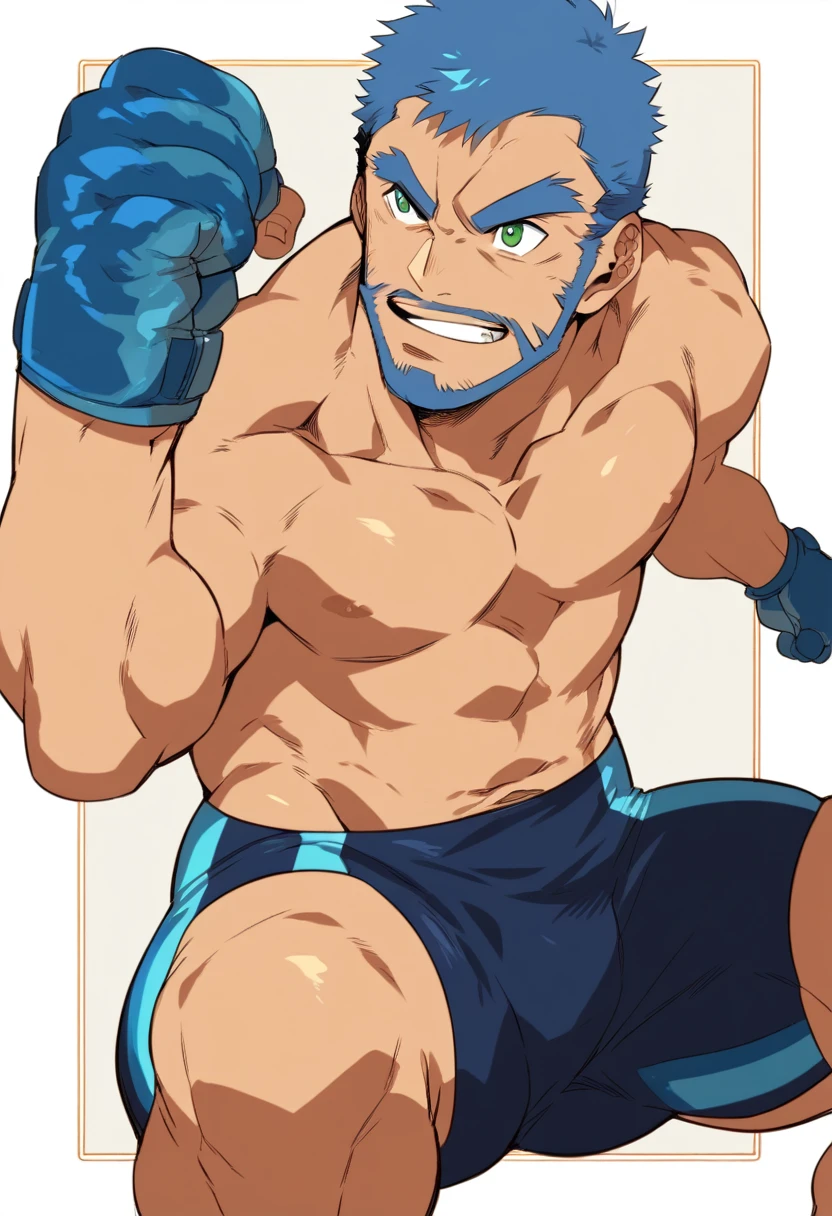 20 year old man, rough appearance, masculine, muscular, MMA fighter, short shaved tousled blue hair , beard on chin, green eyes, wide eyebrows, whole body, tight blue compression shorts, shirtless, MMA gloves, anime style.