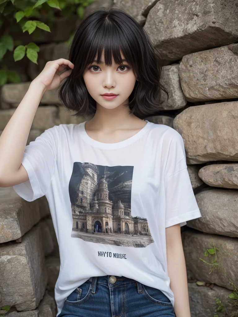 Angle from directly above,dynamic pose,(Highest quality, Very detailed, masterpiece:1.2), 1 women, Very thin body, length, Thin legs, ((Black wavy short layered cut hair hair:1.2)), ((Thick and fluffy bangs)), Very detailedな顔,A faint smile, small, Thin Nose, small thin mouth, Extremely sharply focused eyes, Japanese, Beautiful Face, Realistic eyes, Beautiful and beautiful eyes, Realistic Skin, Beautiful Skin, charm, (A vivid face), Beautiful Hairstyles,((Over Size Tシャツ)), High resolution, Vibrant color palette, Mysterious and mysterious stone wall, Amazing place,Characteristic dark shadows and strange details,