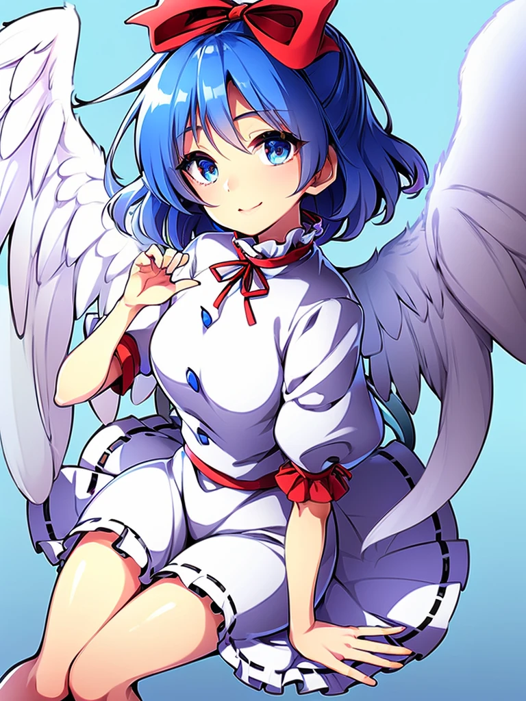 (best quality,4k,8k,highres,masterpiece:1.2), ultra-detailed, highly detailed texture, intricate details, A cute teenage angel with blue eyes, drawn in anime style, 1girl, , , 10 years old, medium blue hair, hair flaps, pink ribbon on head, well-formed face, blue eyes, angel girl, white blouse, puffy short sleeves, red ribbon, angel wings, long white skirt, red shoes, frills, ribbon head, A pair of angel wings on the back