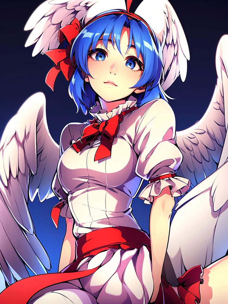 (best quality,4k,8k,highres,masterpiece:1.2), ultra-detailed, highly detailed texture, intricate details, A cute teenage angel with blue eyes, drawn in anime style, 1girl, , , 10 years old, medium blue hair, hair flaps, pink ribbon on head, well-formed face, blue eyes, angel girl, white blouse, puffy short sleeves, red ribbon, angel wings, long white skirt, red shoes, frills, ribbon head, A pair of angel wings on the back