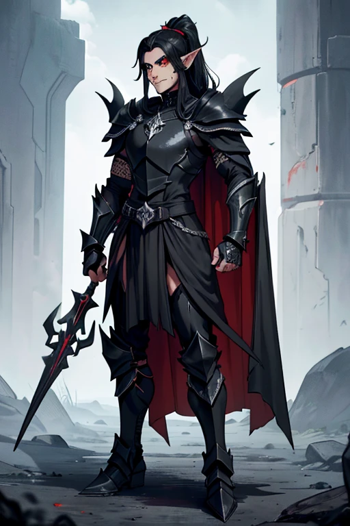 male, black long hair in ponytail, orange eyes, dark elf, dark skin, pointed ears, (((1boyl))), (((black metal armor))), (black metal clawed gauntlets), (black metal boots), (black metal shoulder guards), (black metal hip guards), (red cape), long legs, smiling, handsome