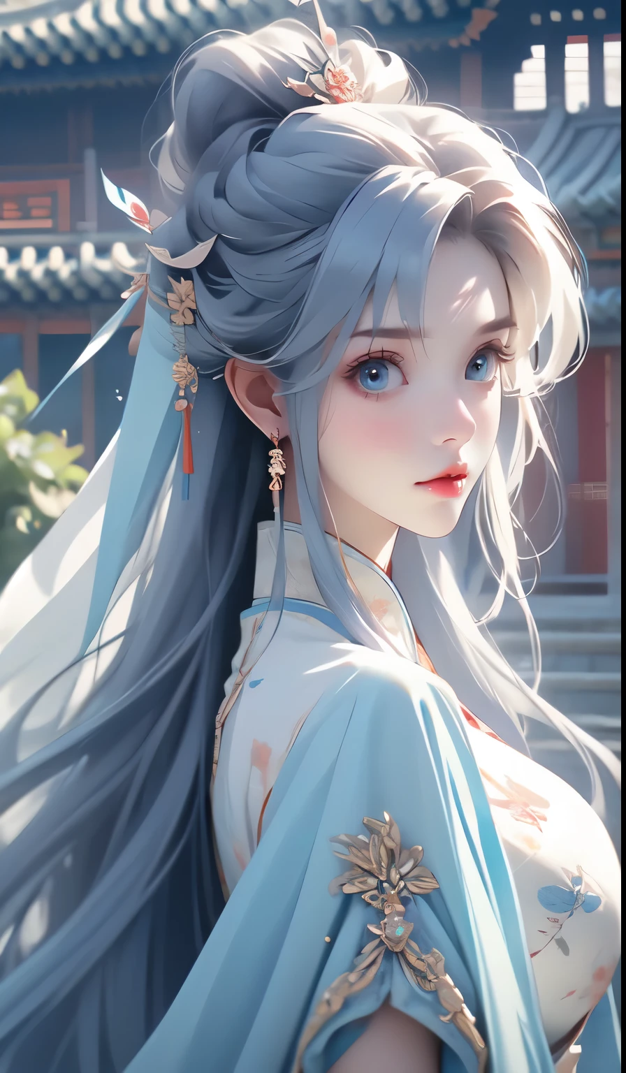 best quality, huge tits, busty, masterpiece, highres, wuxia 1girl, china dress, super Beautiful face, super beautiful eye, super beautiful hair, white hair, blue eyes