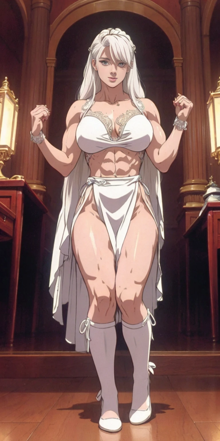 (masterpiece, best quality), intricate details, 1girl, Bridesmaid Muscular full body woman White hair White braid Motherly body smile Porcelain skin Red heels with feet together Long hair Hands on waist Navel Strong abs Direct look Perfect lighting Masterpiece High quality
