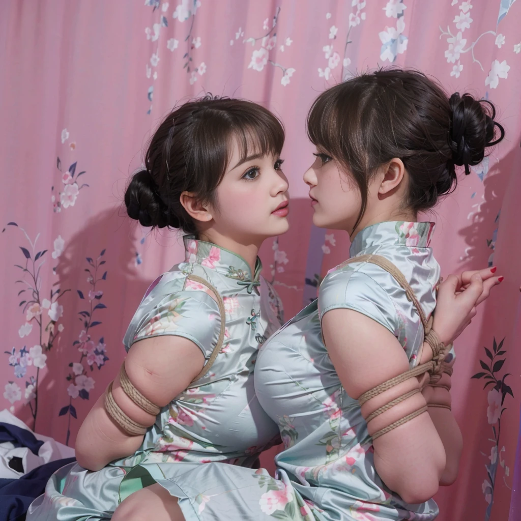 bedroom,big bed,There are paintings on the walls,curtain,upper body,2 girls,((face to face)),Kiss each other,((Their chests were squeezed together and deformed)),bun,Shy smile,((The hemp rope is wrapped around the neck and tightened)),Short cheongsam,((huge boobs:1.5)),arms were tied behind the back with hemp rope,Cross hands behind back,Wrists tied together with hemp rope,Thin waist,
