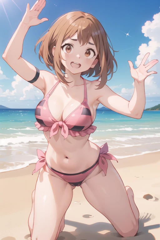 Ochako uraraka bikini ((Pecho muy grandes)) Surrealism, 8k, super detail, anatomically correct, accurate, UHD, masterpiece, textured skin, super detail, high details, high quality, best quality, highres, fondo random, pose random, realistic