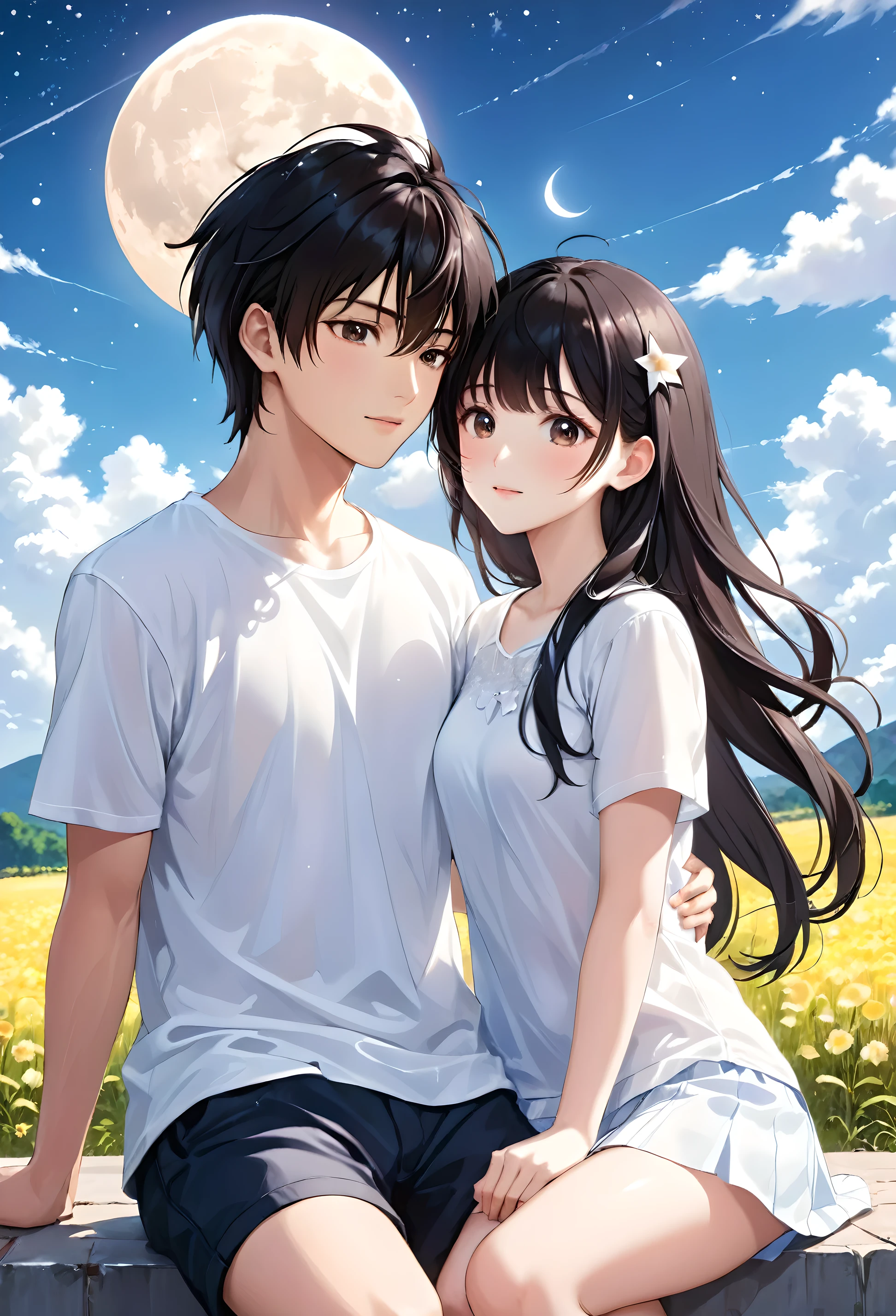 Couple, There are only two people, A beautiful woman with long hair wearing a white shirt, cute anime-style face, realistic anime girl, Chisato, black hair with bangs, Kurumi, cute and delicate face, young cute pale Asian face, Sakimichan, midday moon and stars in the sky, Realistic anime boy, A handsome boy in a white shirt, girl sitting in boy's arms, Smiling at the camera ((Look at each other))
