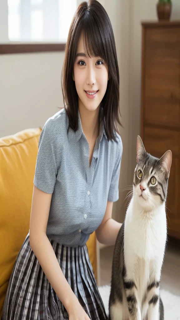 (Highest quality: 1.5), (Realistic: 1.5), (1 person: 1.5), Very detailed, High resolution, 8K,Natural color lips, Cute Smile, Japanese women, 20-year-old girl, Beautiful and elegant features, Perfect and beautiful face, Balanced big eyes, Beautiful and elegant features, Natural double eyelids, Natural Bangs, Beautiful thin nose, Beautiful Skin, Medium Bob Hair , Natural Bangs , Perfect and beautiful face, Slim face and figure, (Looking at the camera with a sweet smile), Bright lighting, Professional Lighting, Forward lighting, Beautiful feet: 1.2, Smooth Skin, Slender body, Slim waistline, slim thin thighs,  Cleavage, Detailed clothing, (Short sleeve dress shirt:1.5), (Pleated skirt:1.5), Checkered Pleated Micro Mini Skirt, Short sleeve dress shirt,  ultra HD, Realistic,, Frolic with cats,  Playing with cats,Holding a cat, Holding a cat,Pick up the cat, uniform, High school girl uniform, living room