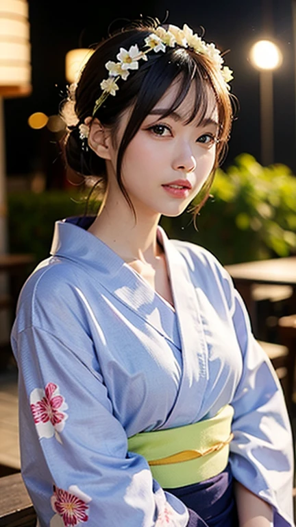 (Tabletop, Highest quality:1.4), Beautiful Face, 8K, 85mm, Absurd, (Floral Yukata:1.4), Upper body, Exposing the breasts、 Violet, Gardenias, Delicate girl, alone, night, View your viewers, Upper Body, Film Grain, chromatic aberration, Sharp focus, Face Light, Professional Lighting, Sophisticated, (smile:0.4), Cleavage, (Simple Background, Bokeh Background:1.2), Detailed aspect