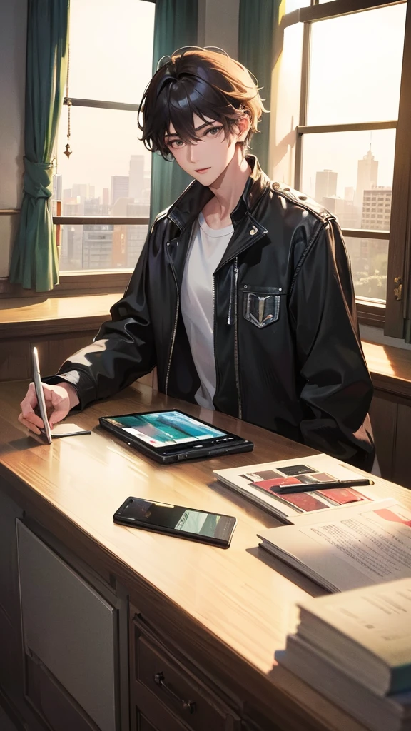 (best quality,4k,8k,highres,masterpiece:1.2),ultra-detailed, (looking at viewer) a young man in casual clothing, indoors next to window, dynamic lighting, detailed, splash colors, close up, modern
