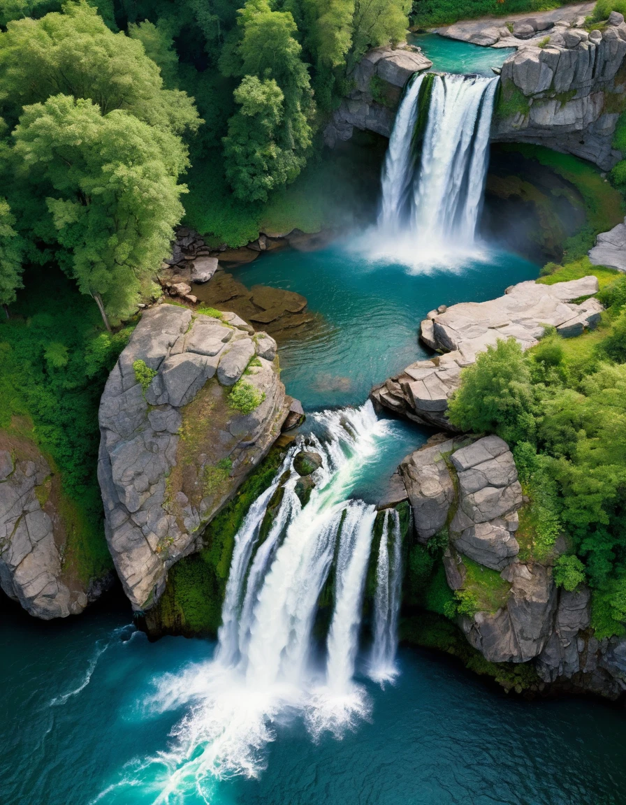 Close-up of the falling waterfall from above, froeseonal photo, very real and realistic, clear water over the rocks where the waterfall falls,