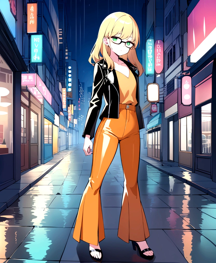 a beautiful girl, with long blonde hair, who wears black glasses, with wide hips, narrow waist, flat chest, pretty face, with green eyes, 18 years, perfect and glowing skin, wearing flared leather pants and a leather jacket, with an orange blouse, full body, That he is in a city at night and in the rain.