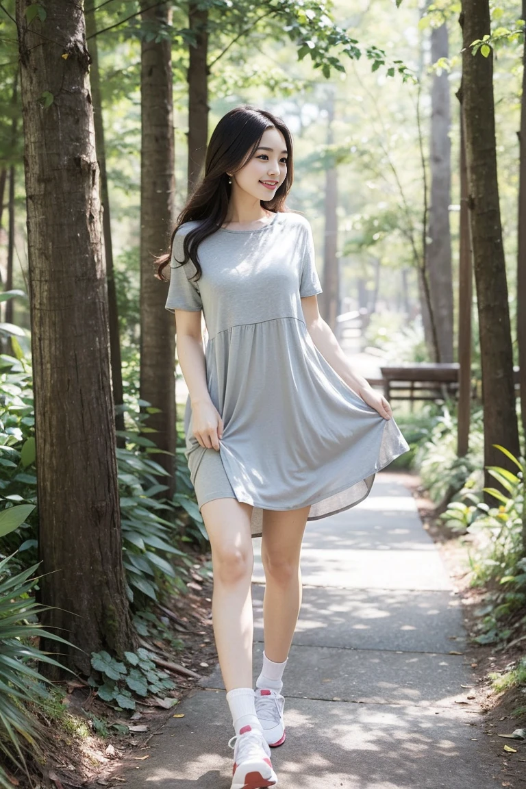 masterpiece, best quality, Surreal, Ultra Detailed, 8k resolution, RAW photos, Clear focus, (A girl in the forest), ((Light grey straight dress:1.1)), sports Shorts,Full body posture, Solitary, Perfect body, Become a, 32 inches in the chest,(a charming smile:1), (sexy pose),26 years old, light,White shoes,Playful and flirty pose,The calves are straight and thin:1.5,Wear high-end brand colored sneakers:1.5,