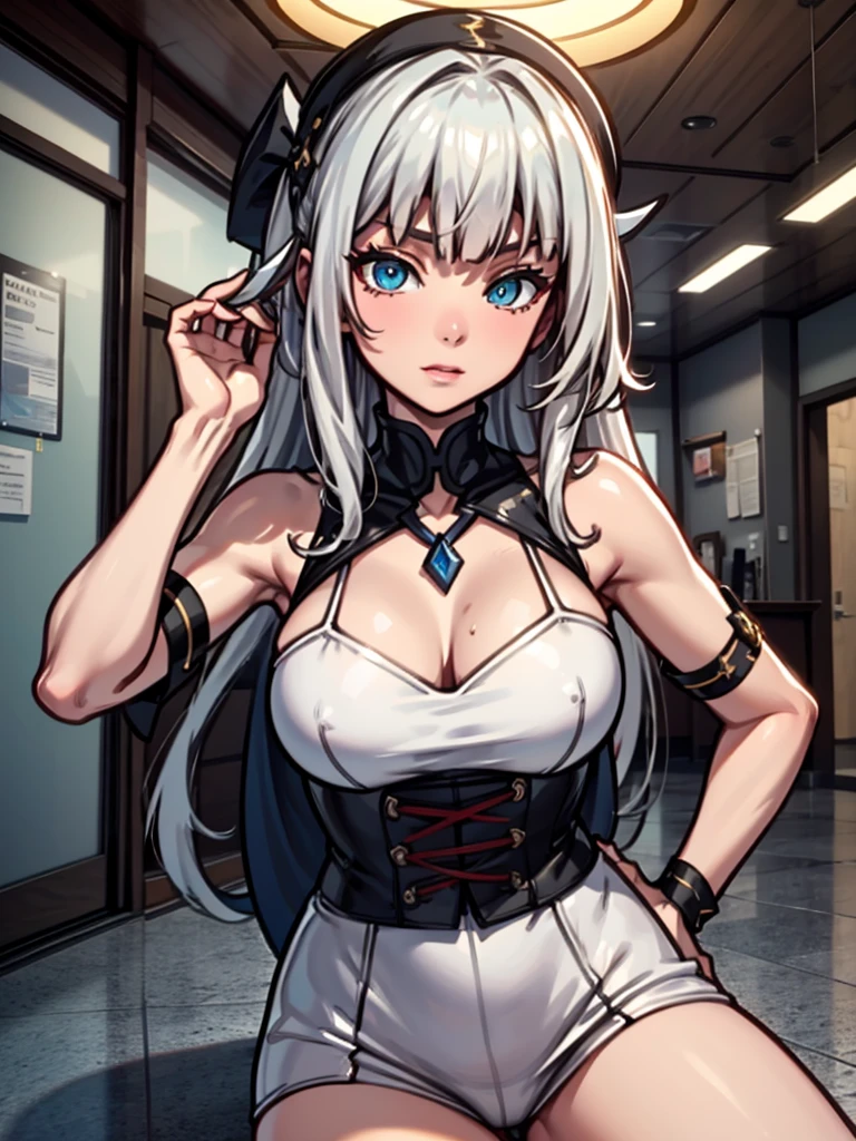 gorgeous, Shiny、Firming、Radiant skin, Bangs between the eyes, Shiny的直美丽的白金金发, Extra Long Straight Silky Hair, Eyeliner, Sexy, beautiful and innocent , HD big beautiful bright blue eyes, Beautiful cute girl, baby face, short sleeve