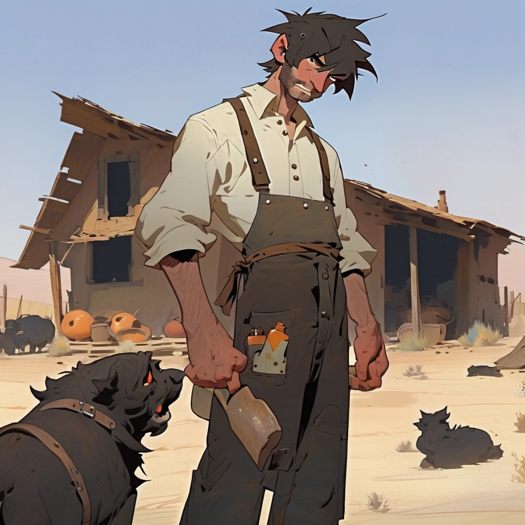 1man, Western, black Messy hair, burnt hair, Leather apron, White button-down shirt, black pants patched, Failed beard, young adult, Thin, full body, Holding a Dynamite, Farm in the desert, Stable, Dirty with soot 