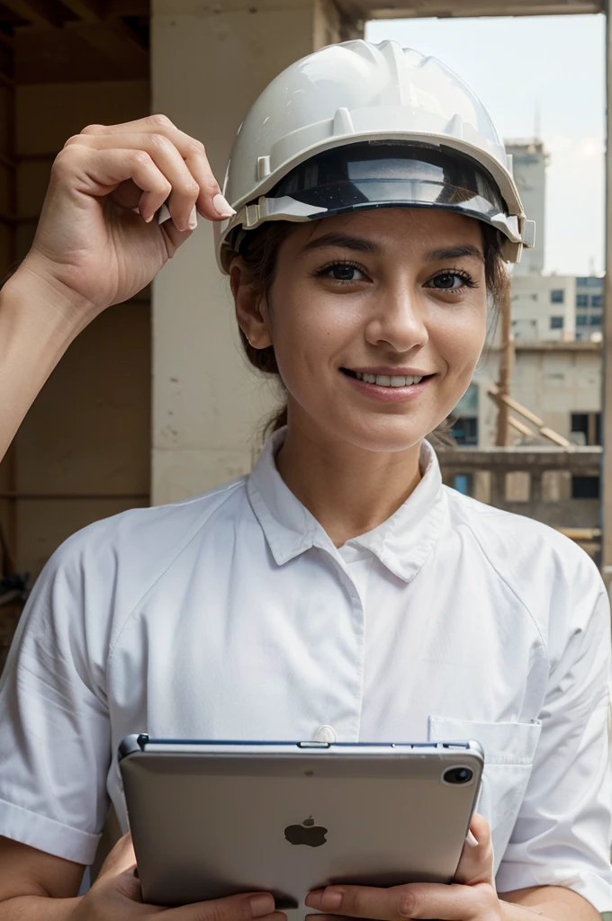 ((Best Quality)), ((Masterpiece)), (detailed), civil construction professional, wearing white helmet without logo, holding tablet looking at the horizon with a smile, in a construction environment, Well defined face, natural and well defined eyes, hands with 5 well-defined fingers, ultra realistic age between 35 to 40 years 
