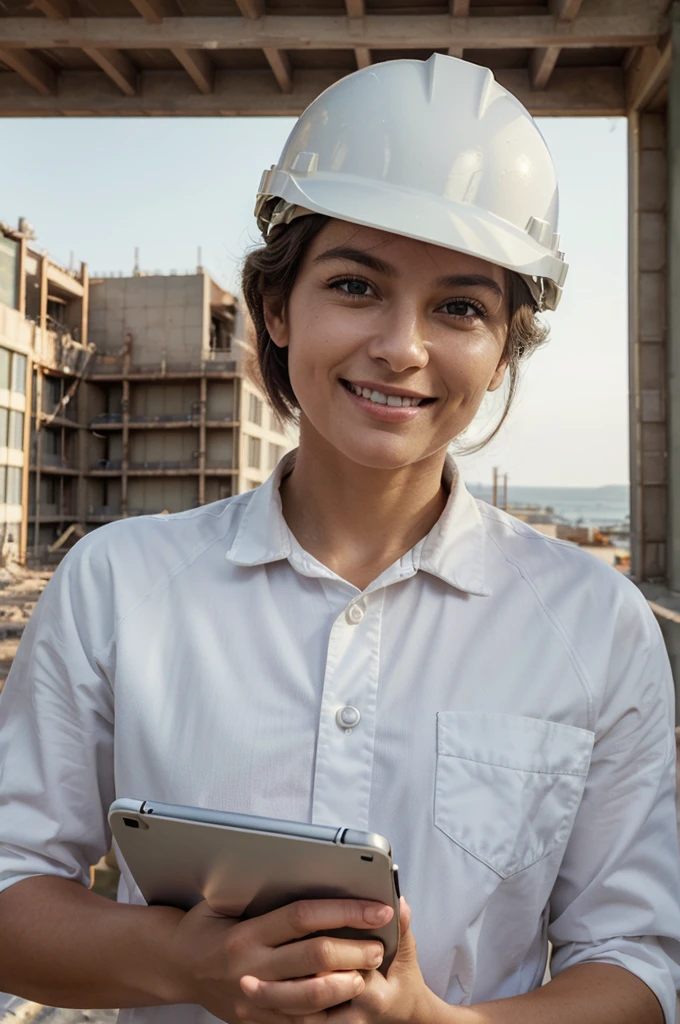 ((Best Quality)), ((Masterpiece)), (detailed), civil construction professional, wearing white helmet without logo, holding tablet looking at the horizon with a smile, in a construction environment, Well defined face, natural and well defined eyes, hands with 5 well-defined fingers, ultra realistic age between 35 to 40 years
