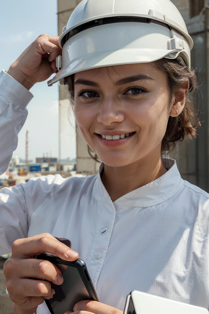 ((Best Quality)), ((Masterpiece)), (detailed), civil construction professional, wearing white helmet without logo, holding tablet looking at the horizon with a smile, in a construction environment, Well defined face, natural and well defined eyes, hands with 5 well-defined fingers, ultra realistic age between 35 to 40 years 
