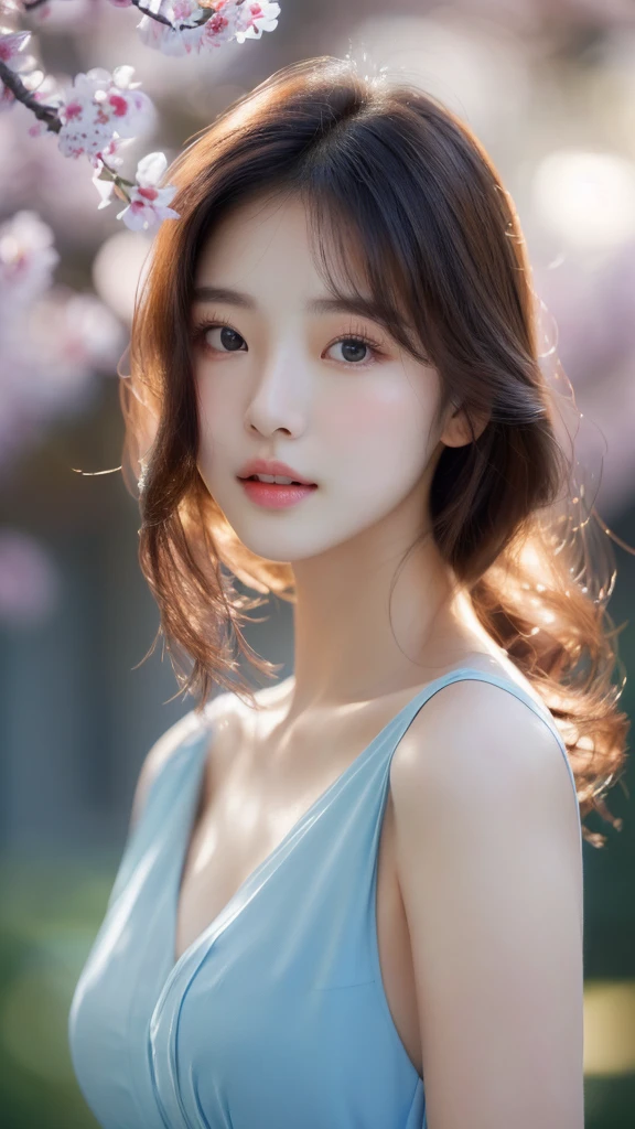 Close-up of a woman in a blue dress，She is posing for a picture, Soft portrait shots 8 k, Beautiful Korean woman, Young and beautiful Korean woman, Cute and delicate face, Young and cute Korean face, Beautiful young Korean woman, Beautiful portrait images, Beautiful and delicate face, 8k Artistic German Bokeh, by Yanjun Cheng, yanjun chengt