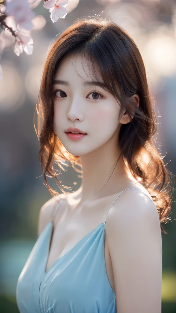 Close-up of a woman in a blue dress,She is posing for a picture, Soft portrait shots 8 k, Beautiful Korean woman, Young and beautiful Korean woman, Cute and delicate face, Young and cute Korean face, Beautiful young Korean woman, Beautiful portrait images, Beautiful and delicate face, 8k Artistic German Bokeh, by Yanjun Cheng, yanjun chengt