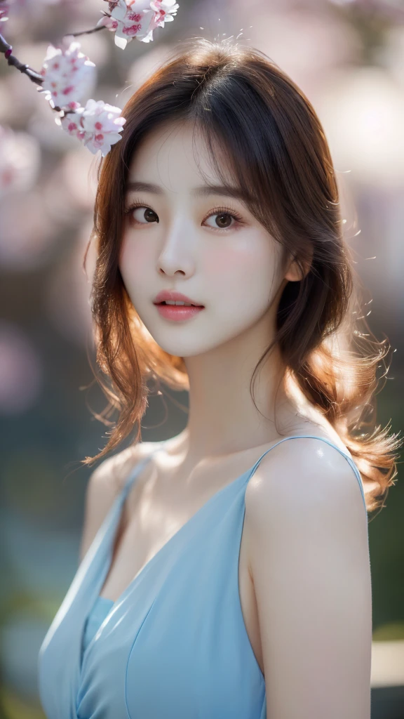 Close-up of a woman in a blue dress,She is posing for a picture, Soft portrait shots 8 k, Beautiful Korean woman, Young and beautiful Korean woman, Cute and delicate face, Young and cute Korean face, Beautiful young Korean woman, Beautiful portrait images, Beautiful and delicate face, 8k Artistic German Bokeh, by Yanjun Cheng, yanjun chengt