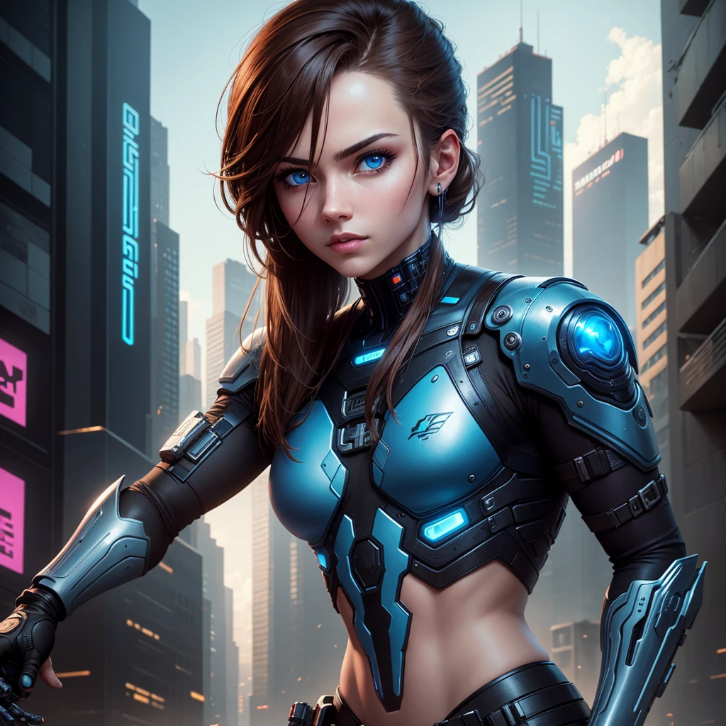 Chico, bionic arm, Cyberpunk, Brown hair, blue eyes, futuristic city, Very detailed, high resolution 