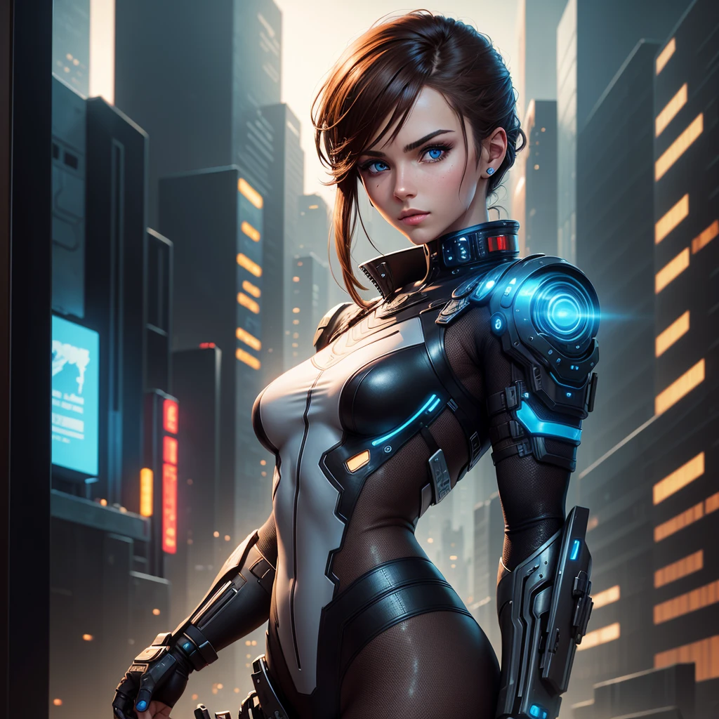 Chico, bionic arm, Cyberpunk, Brown hair, blue eyes, futuristic city, Very detailed, high resolution