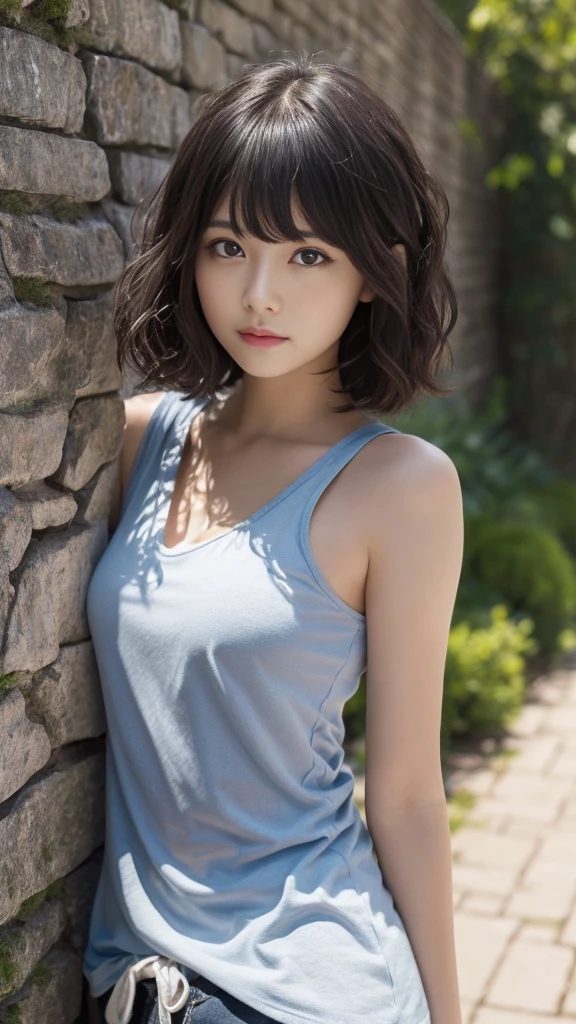 Angle from directly above,dynamic pose,(Highest quality, Very detailed, masterpiece:1.2), 1 women, Very thin body, length, Thin legs, ((Black wavy short layered cut hair hair:1.2)), ((Thick and fluffy bangs)), Very detailedな顔,A faint smile, small, Thin Nose, small thin mouth, Extremely sharply focused eyes, Japanese, Beautiful Face, Realistic eyes, Beautiful and beautiful eyes, Realistic Skin, Beautiful Skin, charm, (A vivid face), Beautiful Hairstyles,((Over Size Tシャツ)), High resolution, Vibrant color palette, Mysterious and mysterious stone wall, Amazing place,Characteristic dark shadows and strange details,