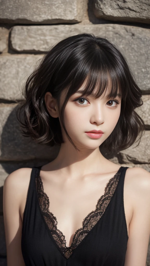Angle from directly above,dynamic pose,(Highest quality, Very detailed, masterpiece:1.2), 1 women, Very thin body, length, Thin legs, ((Black wavy short layered cut hair hair:1.2)), ((Thick and fluffy bangs)), Very detailedな顔,A faint smile, small, Thin Nose, small thin mouth, Extremely sharply focused eyes, Japanese, Beautiful Face, Realistic eyes, Beautiful and beautiful eyes, Realistic Skin, Beautiful Skin, charm, (A vivid face), Beautiful Hairstyles,((Over Size Tシャツ)), High resolution, Vibrant color palette, Mysterious and mysterious stone wall, Amazing place,Characteristic dark shadows and strange details,