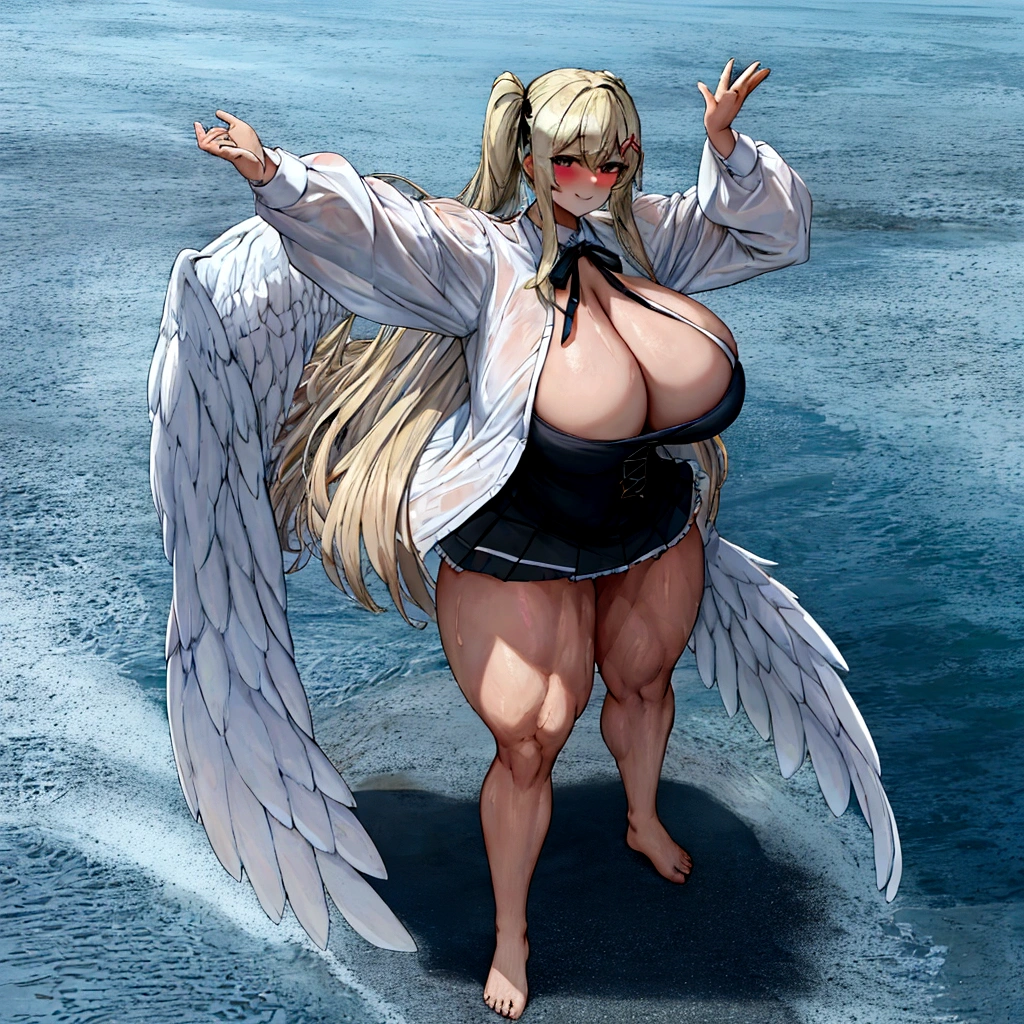 {{full body}},{1girl},{{sitting}},wariza,looking down,from below,{upskirt},dynamic angle, dynamic cut,naughty smile,macrophilia,{white wings},{angel},{{very muscular}},{{hyper muscle}},{very curvy},{very big woman},{very gigantic woman},{very strong woman},{very tall woman},{very long legs},{very gigantic breasts},{very big breasts},{two side up},{very grown-up body},{adult woman},blonde hair,barefoot,cute dress shirt frills ribbon split corset skirt,best quality,masterpiece,white background,