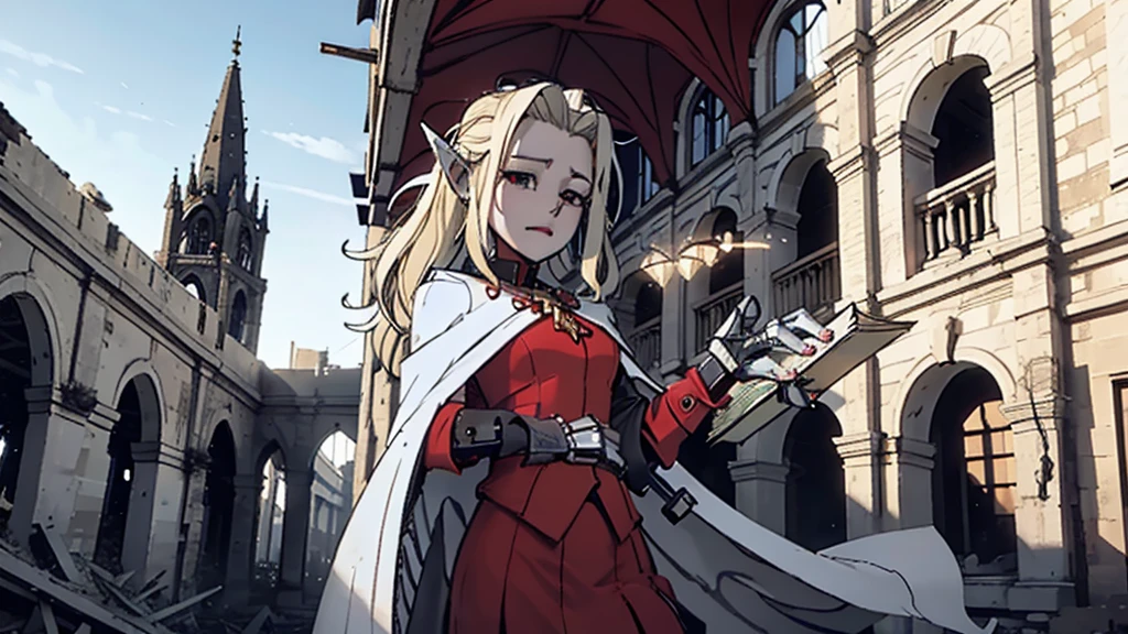 In ruins,Holding a red book,Elf girl 10 years old,Blonde hair,White Cape,cute