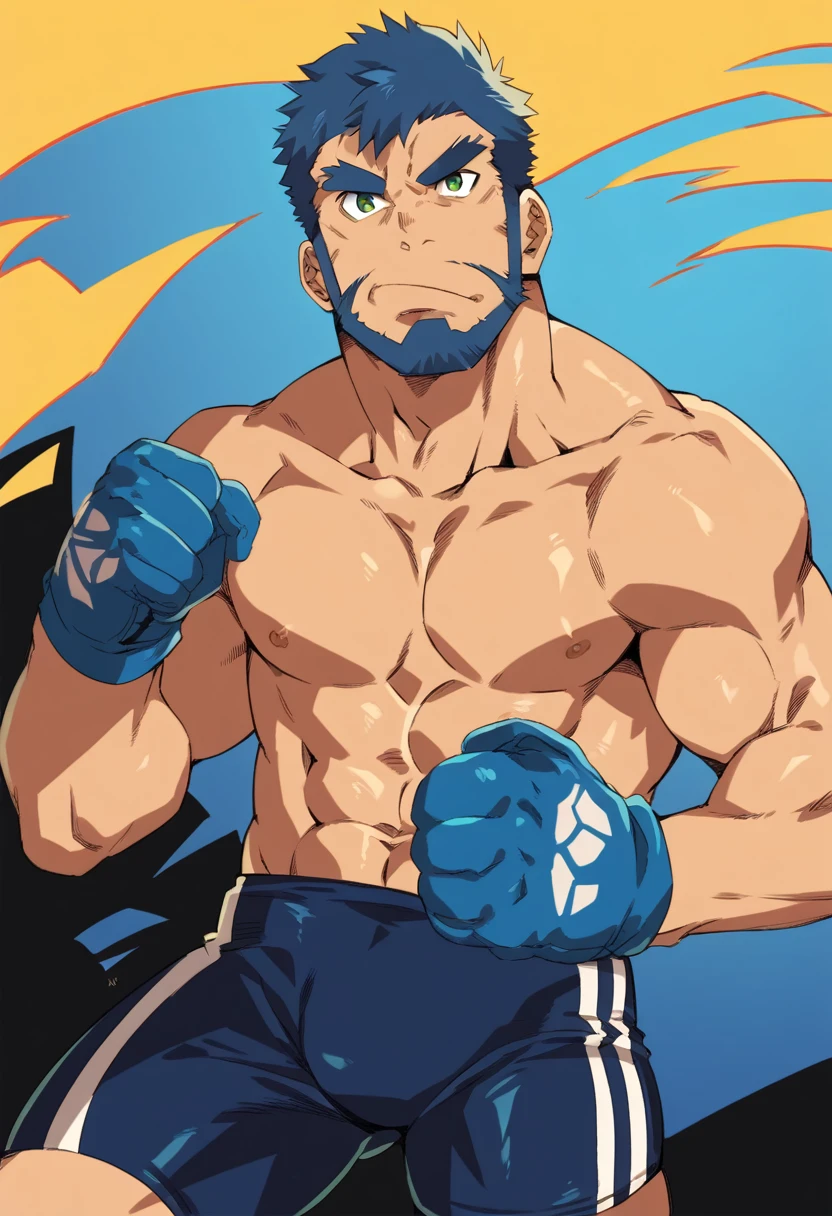 20 year old man, rough appearance, masculine, muscular, MMA fighter, short shaved tousled blue hair , beard on chin, green eyes, wide eyebrows, whole body, tight blue compression shorts, shirtless, MMA gloves, anime style.