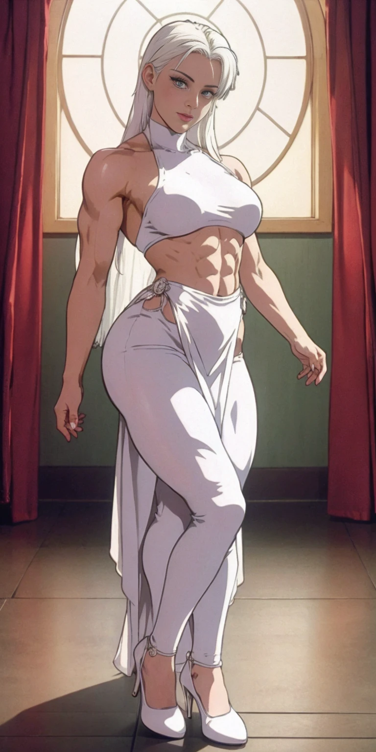 (masterpiece, best quality), intricate details, 1girl, Bridesmaid Muscular full body woman White hair White braid Motherly body smile Porcelain skin Red heels with feet together Long hair Hands on waist Navel Strong abs Direct look Perfect lighting Masterpiece High quality
