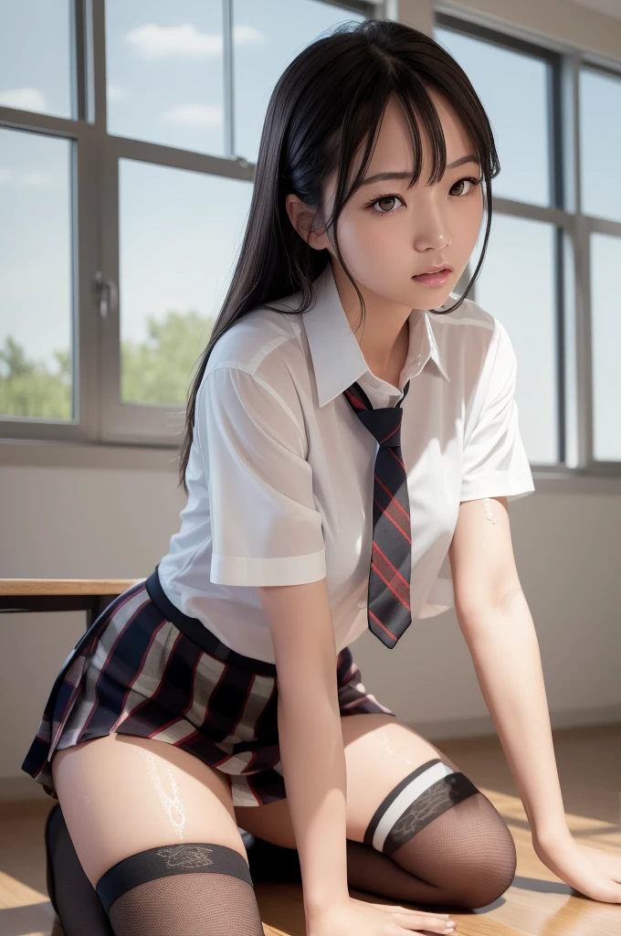 (masterpiece, best quality:1.2), a hyperrealistic , solo, 1girl, yukinoshita yukino, (shiny skin, wet skin:1.2), sweating, slight smile, looking at viewer, on all fours, , white shirt, plaid skirt, thighhighs, afternoon, classroom hyperrealistic