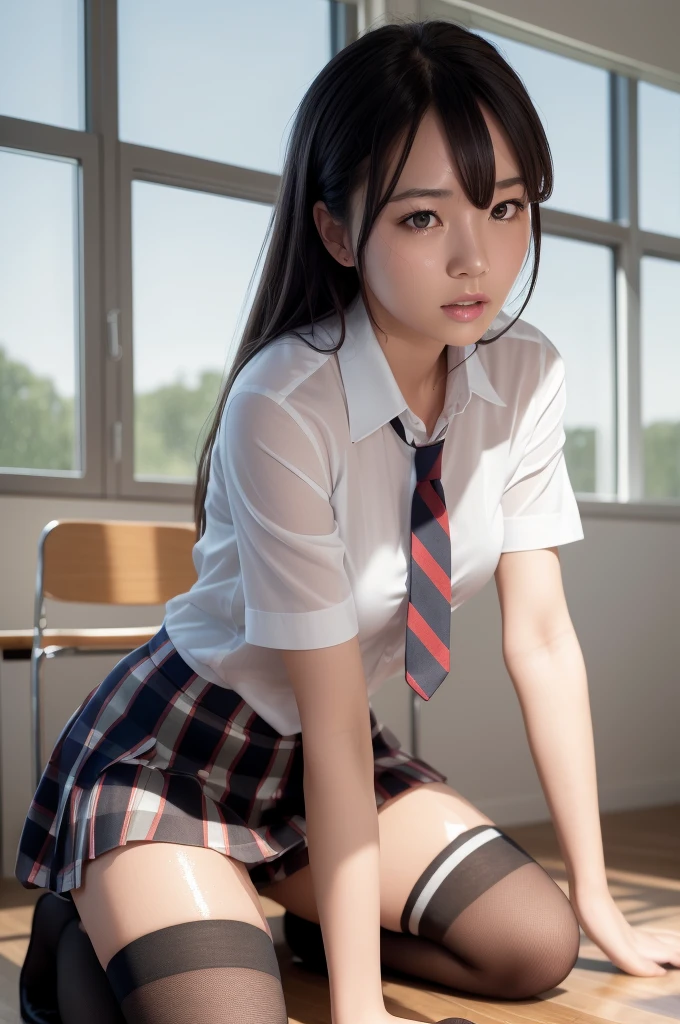 (masterpiece, best quality:1.2), a hyperrealistic , solo, 1girl, yukinoshita yukino, (shiny skin, wet skin:1.2), sweating, slight smile, looking at viewer, on all fours, , white shirt, plaid skirt, thighhighs, afternoon, classroom hyperrealistic 